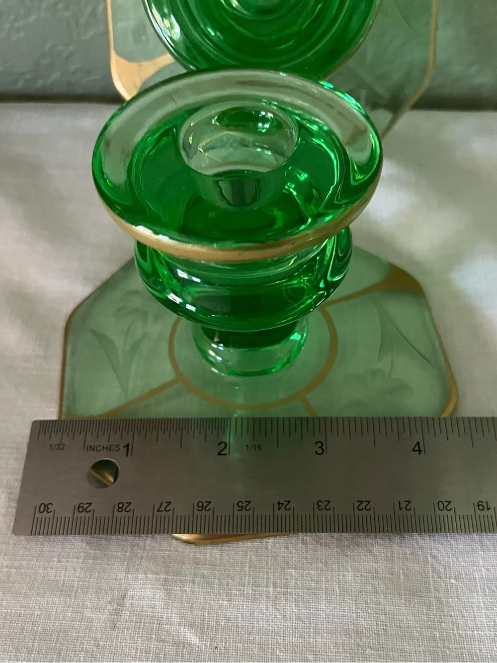 Antique 1930s Uranium Glass Etched Floral Gold Candlesticks Pair